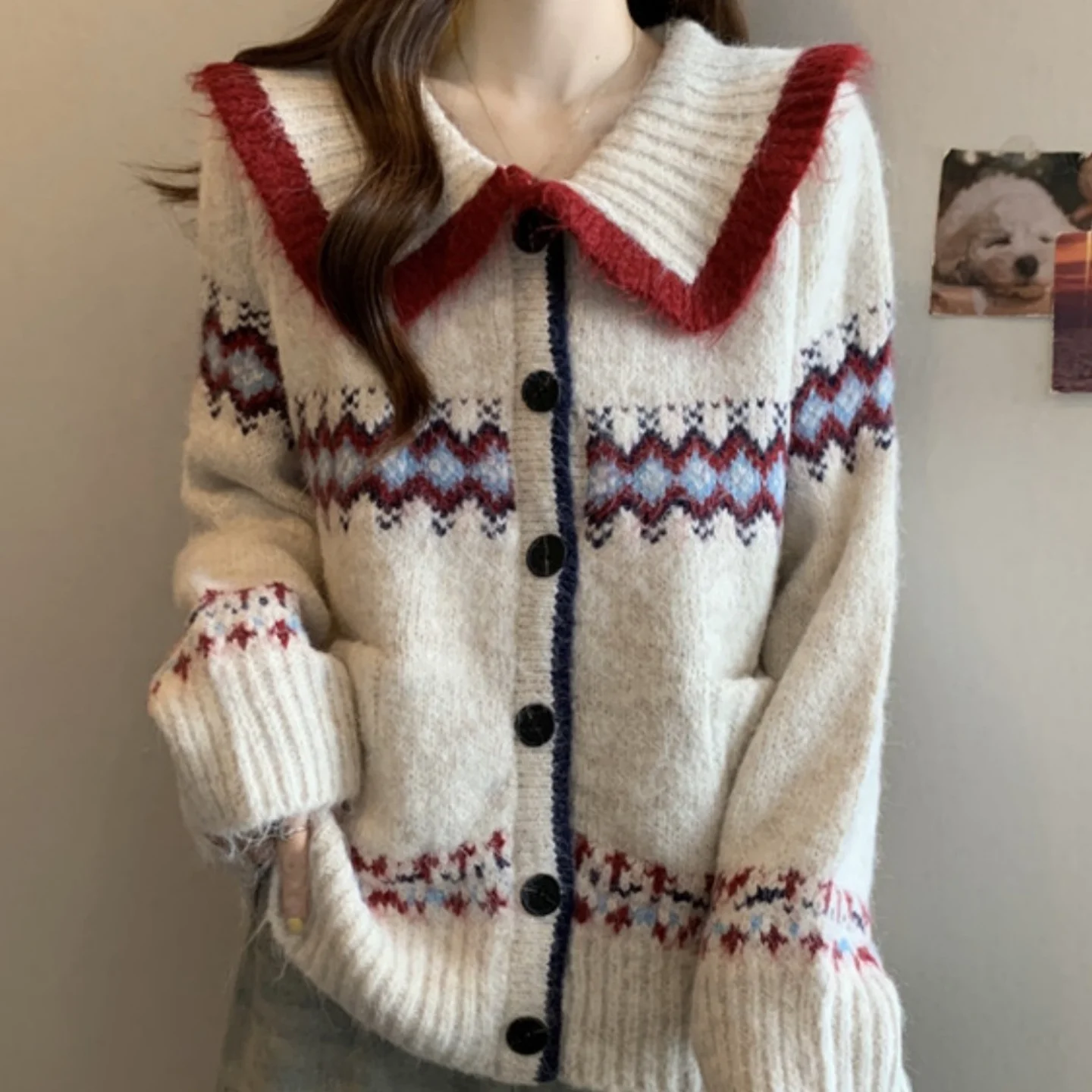 

Collar Sweater Jacket for Women Retro and Casual Knitted Cardigan Autumn Winter 2025 New Style Knitwear Fashion Homewear Lazy