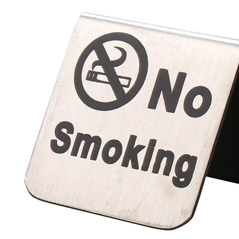 Practical Stainless Steel No Smoking Sign Double-sided Desktop Warning Signage Restaurant Hotel Office Desktop Decoration