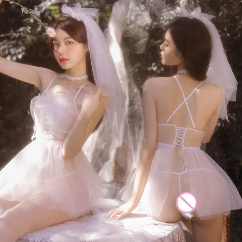 Sexy White Wedding Dress Bride Roleplay Costume Women Sexy Lingerie See-through Cosplay Clothes Erotic Pajama Sex Married Set