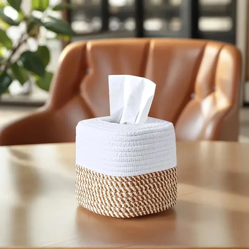 

1pc Hand-woven Simple Tissue Box, Multi-functional Bedroom Living Room Coffee Table Paper Storage Box Tissue Decoration Box