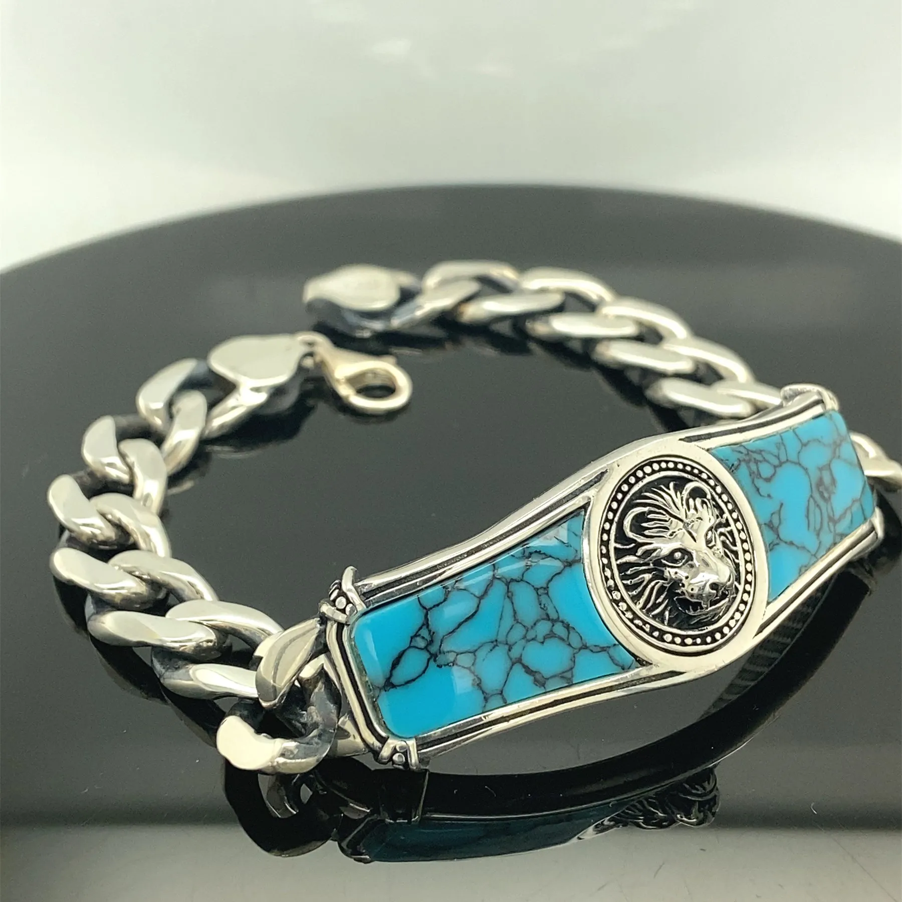 Silver Lion Bracelet , Handmade Lion Head Bracelet , Chain Link Tag Bracelet , Turquoise Stone Bracelet , 925k Sterling Silver B