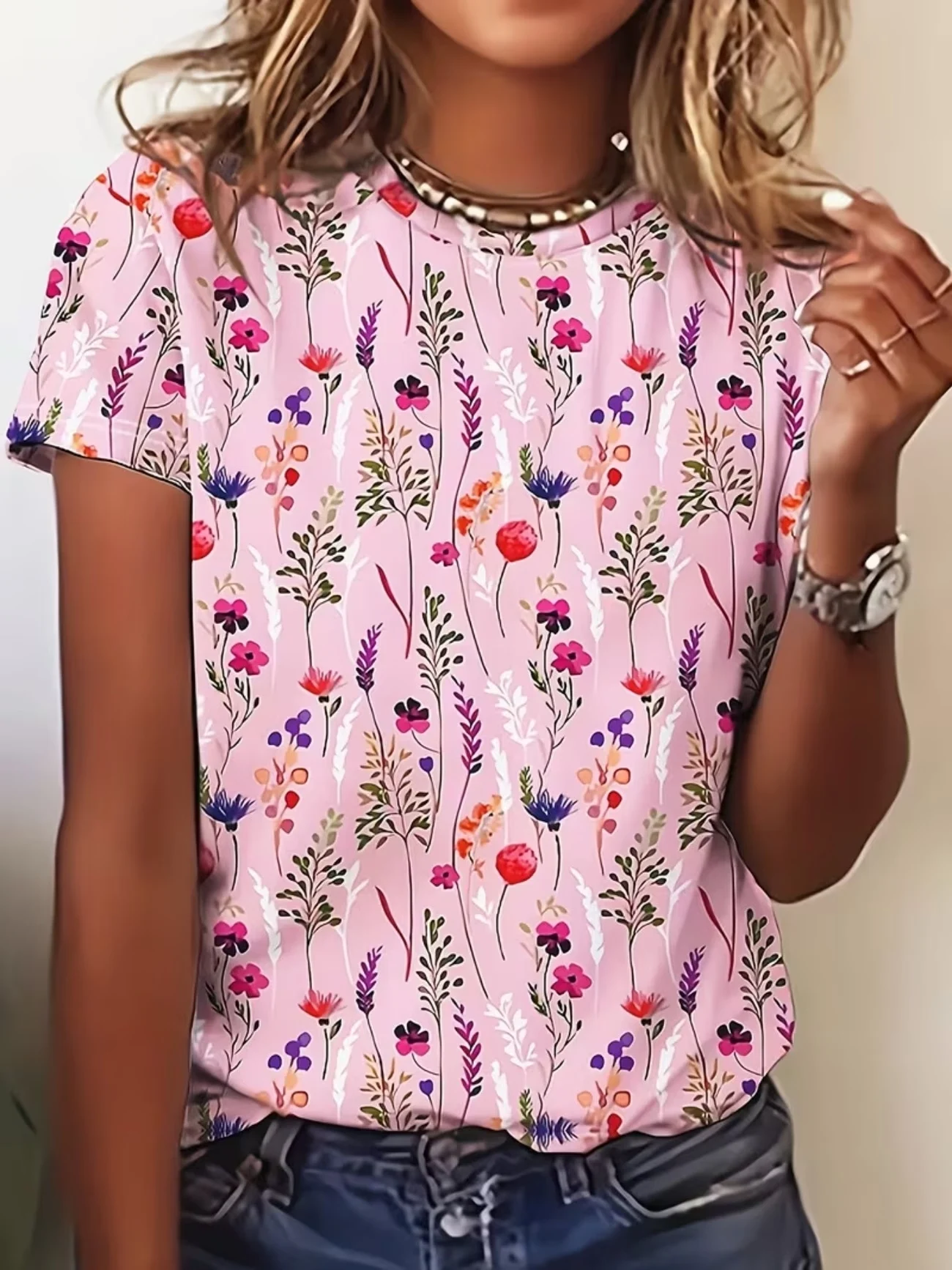 LUSH DENSE FLORAL PRINT WITH PINK BLOOMS & GREEN FOLIAGE—ROMANTIC, VIBRANT STYLE. PAIR WITH JEANS FOR A LUSH, EYE-CATCHING CASUA
