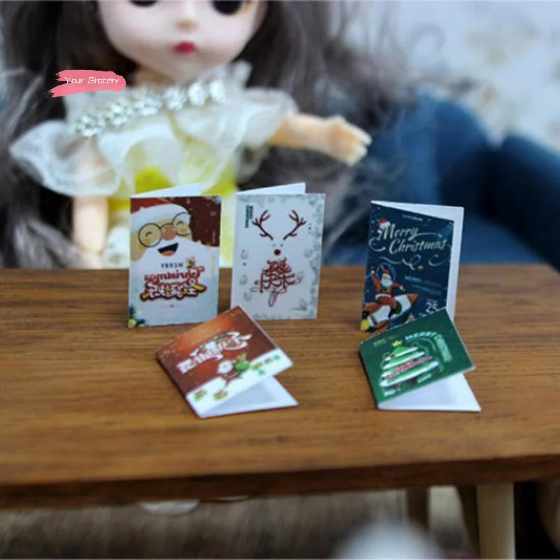 

5 шт., миниатюрный журнальный кукольный набор с мини-моделью рождественской открытки, масштаб 1/12, мебель для кукольного домика, аксессуары для коллекционеров