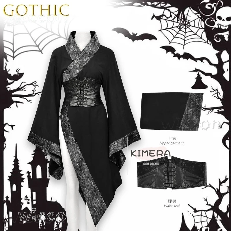 

disfraz Adulto Темный готический топ в китайском стиле с вышитыми мотивами дракона и асимметричным подолом сексуальная женщина