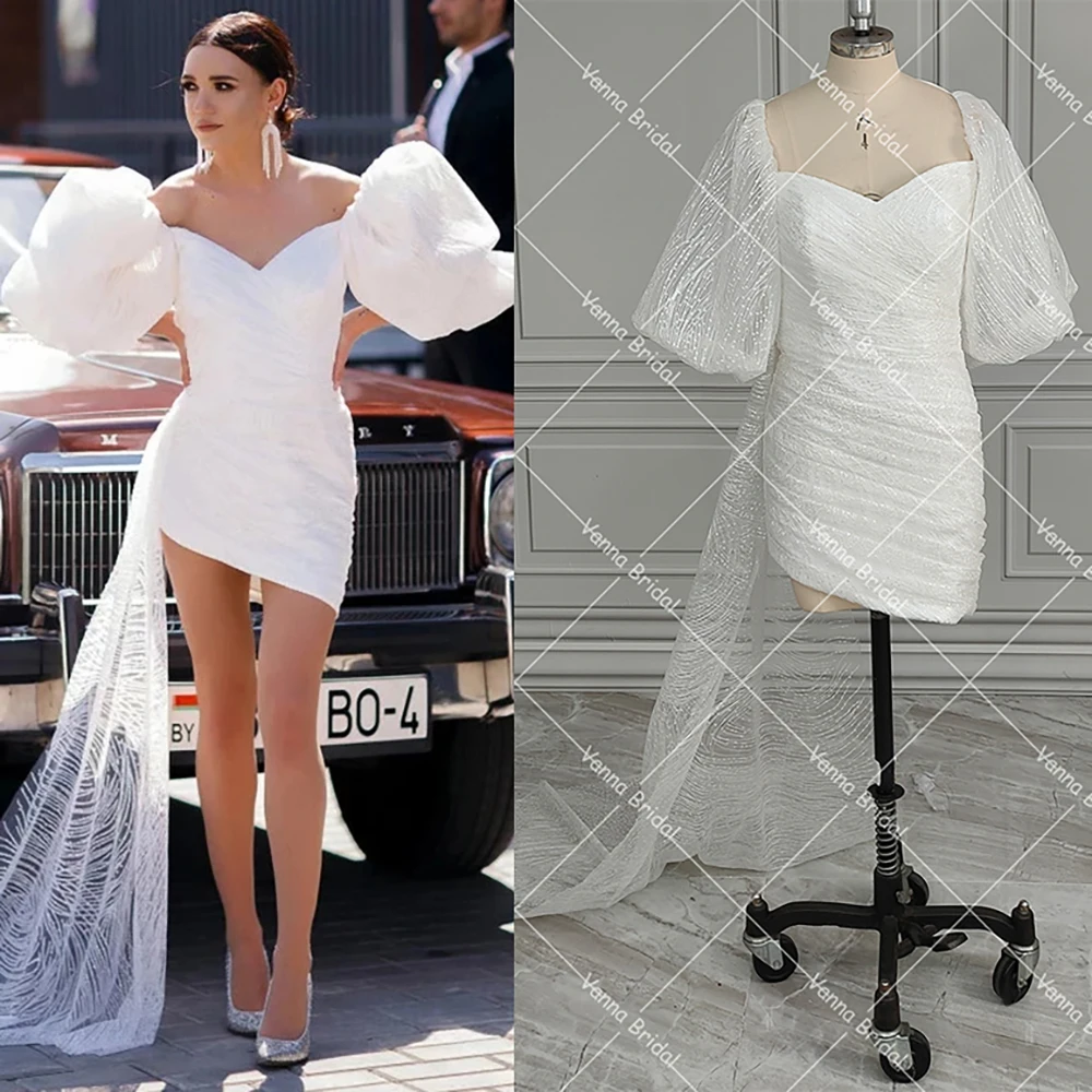 Customized Shine Satin Puff Sleeves Modern Mini Wedding Dress Royal Party Bridal Gowns With Detachable Bow Sash