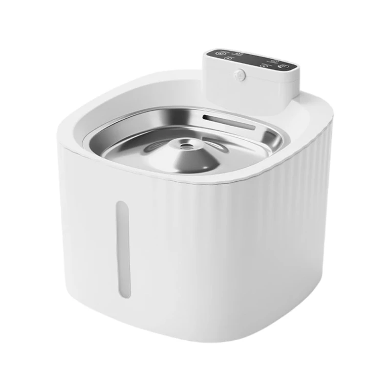 Pet Water Dispenser With Metal Tray, Lighted Top, Rounded Form, Home Drink Station, Silver Tray Detail, Household Unit for B03E