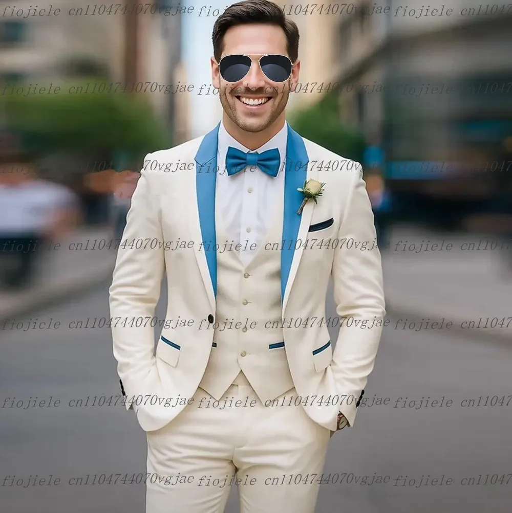 

New Blue Collar White Men Suit Formal Wedding Party Groom Business Male Tuxedos Customized 3 Piece Set Jacket Vest Pants