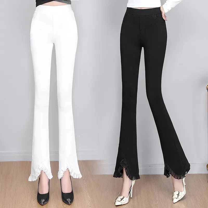 

Flared Pants Women 2023 Spring Summer New High Waist Fashion Loose Nine Points Pants Female Large Size Lace Splicing Trousers