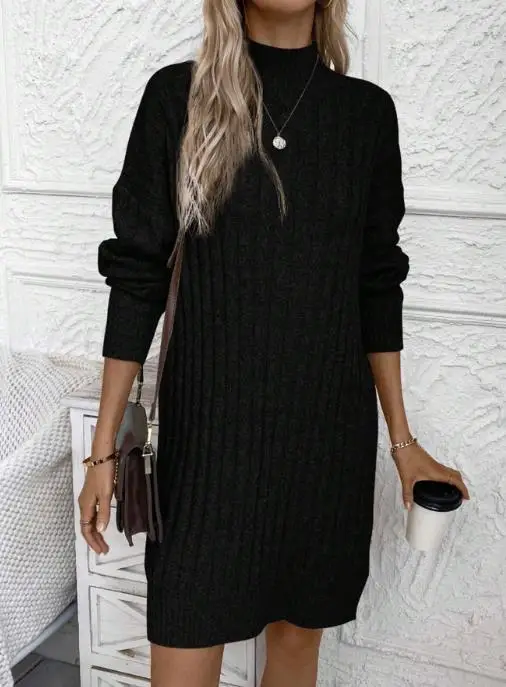 

Women's Solid Color High Neck Long Sleeve Loose Knitted Dress Autumn Winter New Hip Wrap Fashionable Comfortable Fit