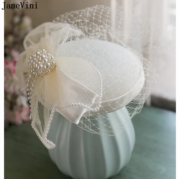 JaneVini – chapeau de mariage blanc élégant, avec épingles à cheveux et Clips, nœud en perle, voile de visage en maille, chapeaux de mariée, fête Cocktail, accessoires pour cheveux