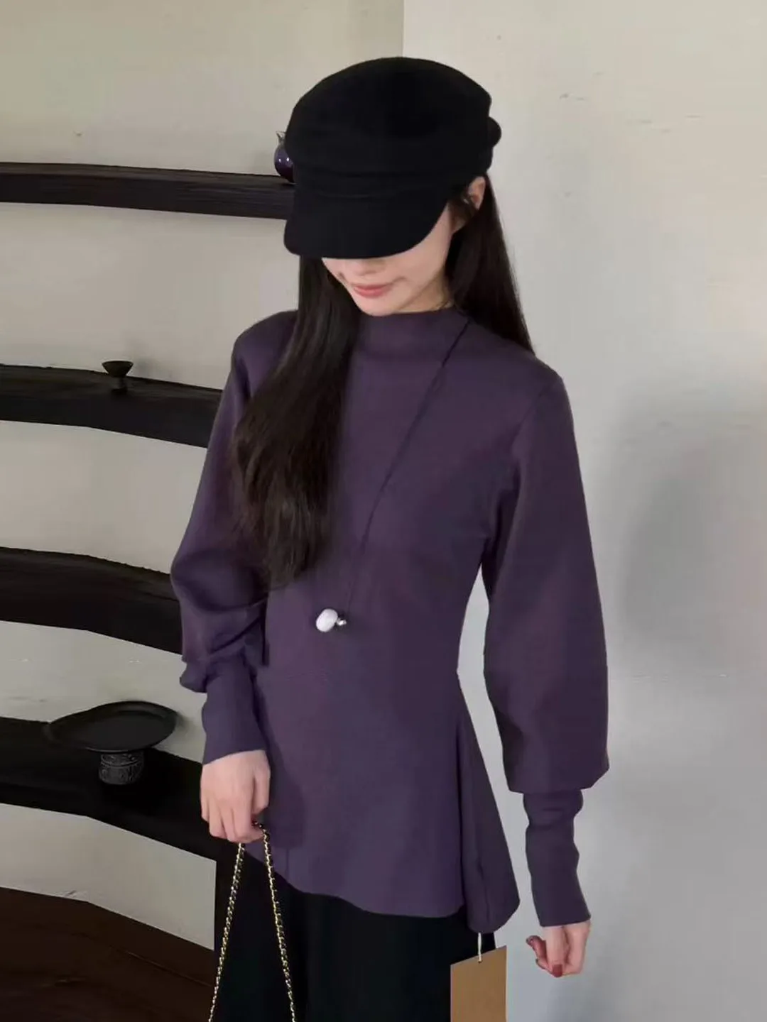 

Unique Women's Knitted Sweater Half High Collar Lantern Sleeve Slim Fit Autumn Winter Purple Loose Style Fashionable Top