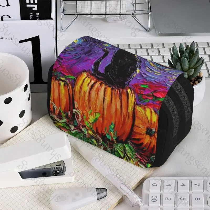 Oil Painting Van Gogh Black Cat Pen case Pencil Box Double Flip School Supplies Children's Pencil Box Storage Cosmetic Bag
