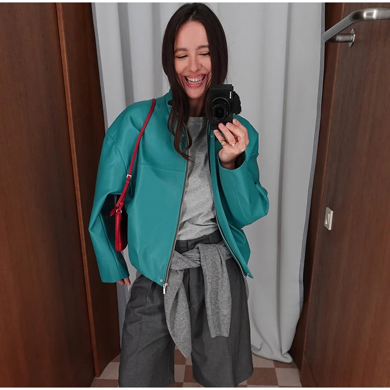 Women's Solid Faux Leather Jacket Stand Collar Zippers Long Wide Sleeves Cropped Coats 2026 Autumn Fashion All-match Streetwears