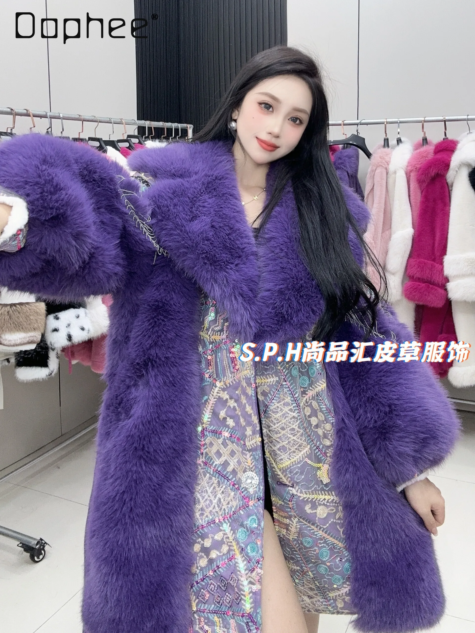 European Station Winter Faux Fur Jacket 2024 New Sequined Splicing Large Fur Collar Mid-length Single-breasted Thermal Jacket