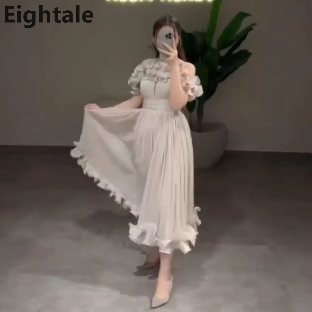

Eightale 2025 Champagne Tea Length Midi Evening Dress For Wedding Party Off Shoulder Formal Prom Dress Dubai Party Gown
