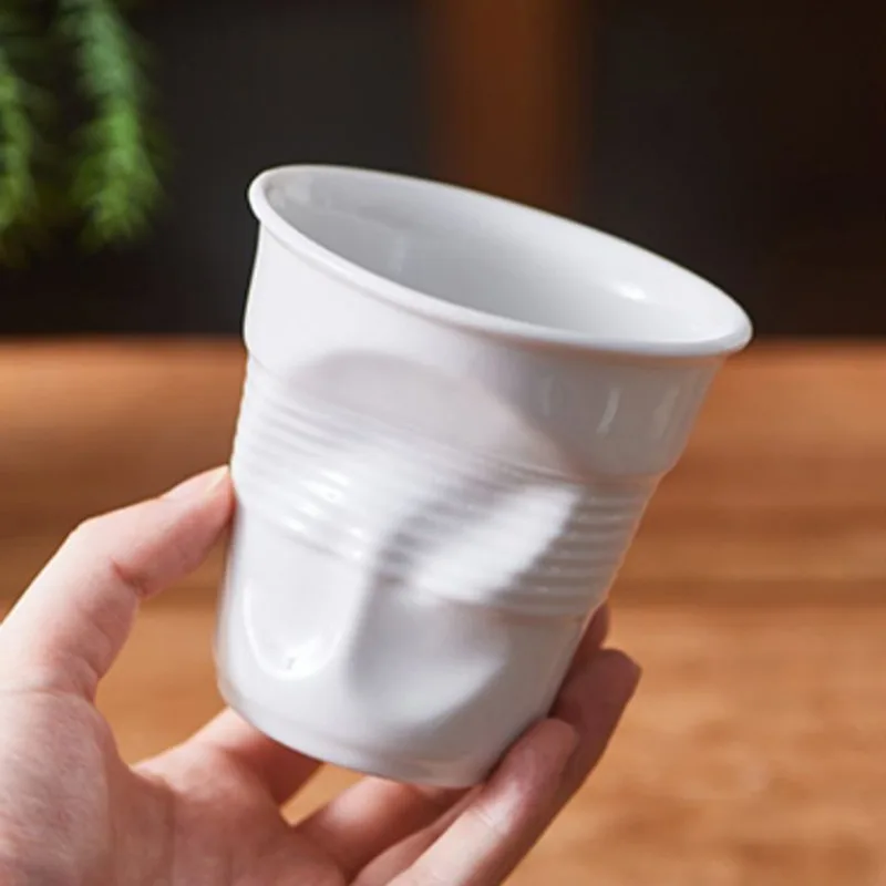 French White Irregular Wrinkled Ceramic Coffee Cup, White Ceramic Mug, Nordic Wrinkled Cup, 200ml Drinking Coffee Bucket