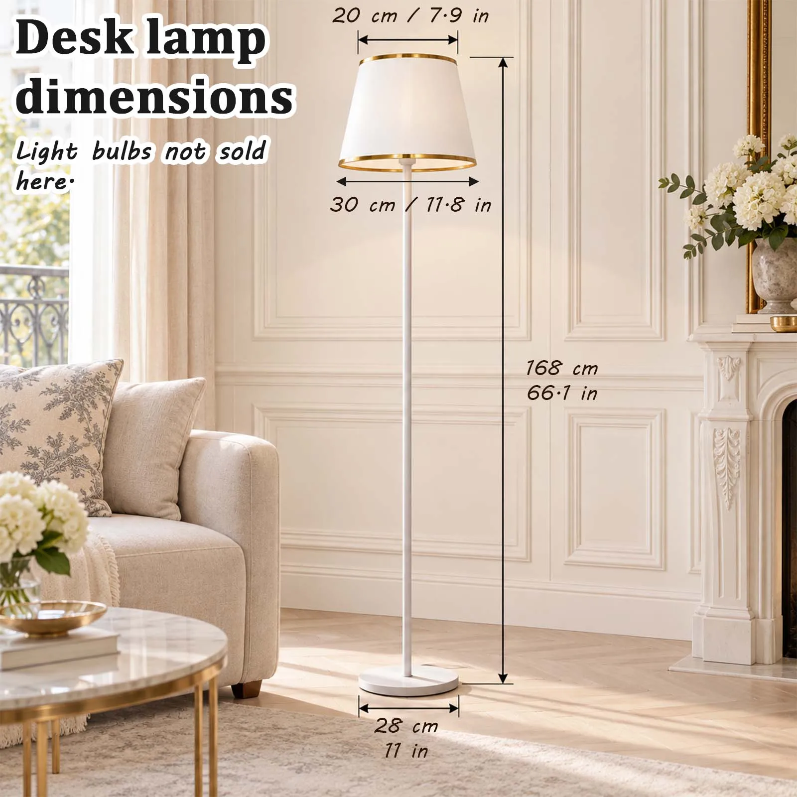 White Fabric Shade Floor Lamp, Foot Switch, Straight Plug, Sturdy Base, Gold Trim, Bedroom, Reading, Modern Home