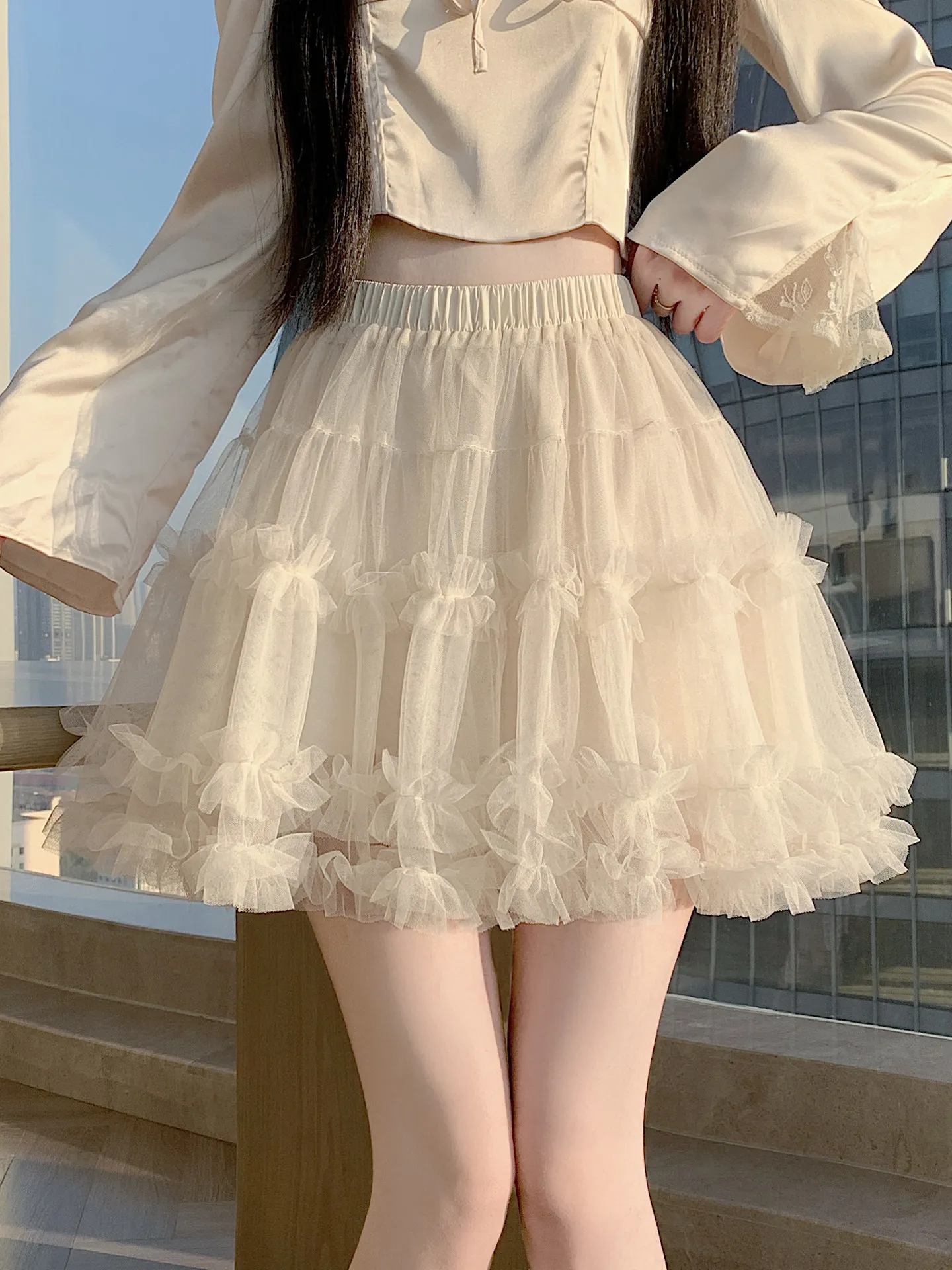 Spring New Style Women's Mesh Half Skirt High Waist A-Line Short Cake Skirt Fashionable Commute Korean Style Polyester Fiber
