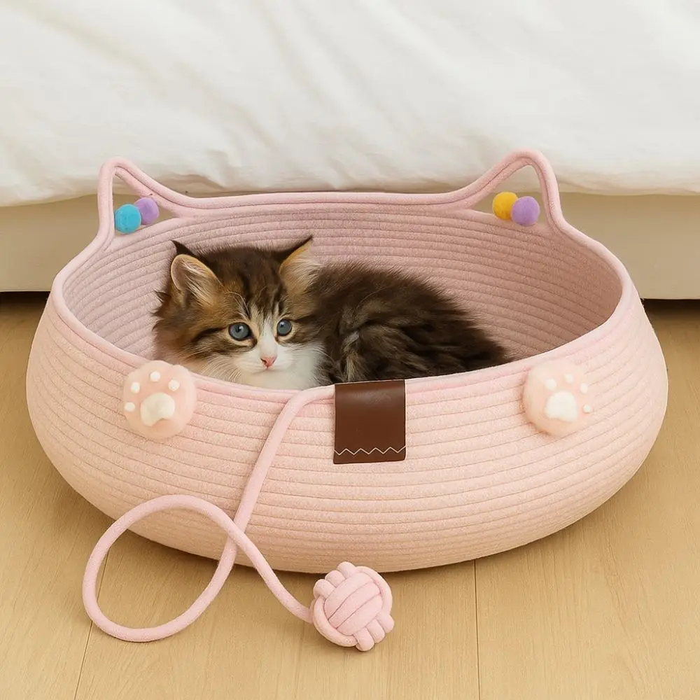 

Pet Mat Cotton Rope Woven Cat Nest Handmade Durable Cat Scratch Floor Scratch-Proof with Ball Cat Sleeping House Four Seasons
