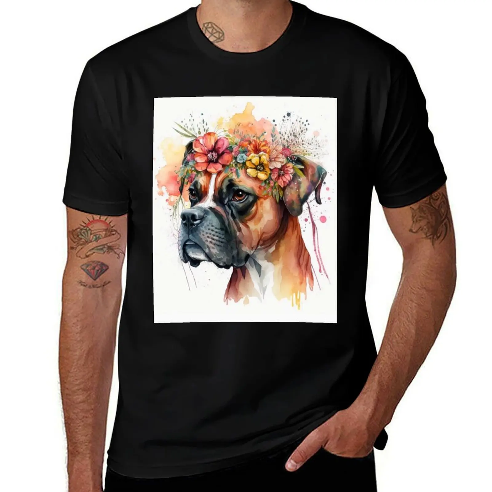 Boxer Dog in Watercolor Floral Crown Illustration T-Shirt basketball graphic tees shirts graphic tee anime figures mens clothing