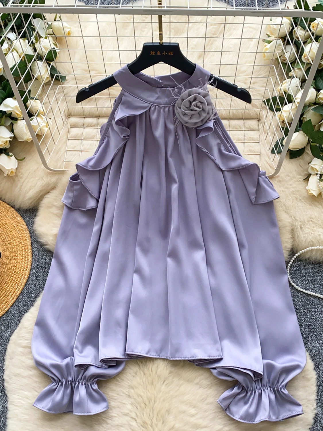 E Csa de Satén de Manga Larga para Mujer, Estilo Coreano, Hoada, con Hombros Descubiertos, Color Puro, con Botones