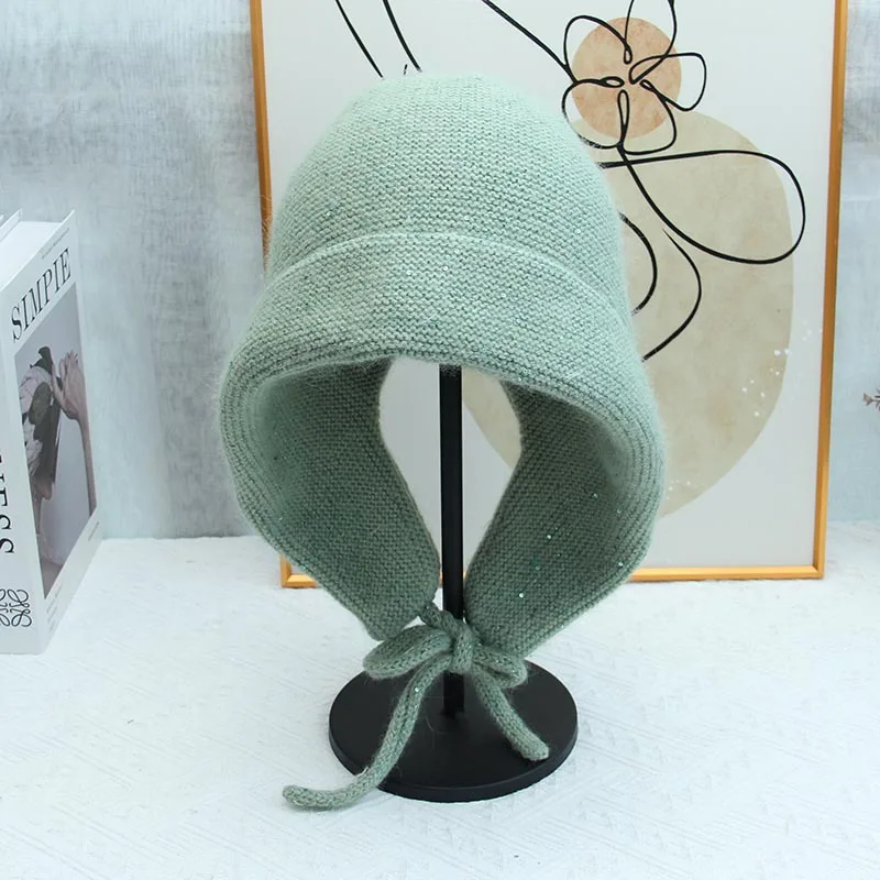 Bomber Hat Earflap Women Angora Knit Beanie With Sequins Warm Accessory For Cold Weather Autumn Outdoor Skiing Sports Girl