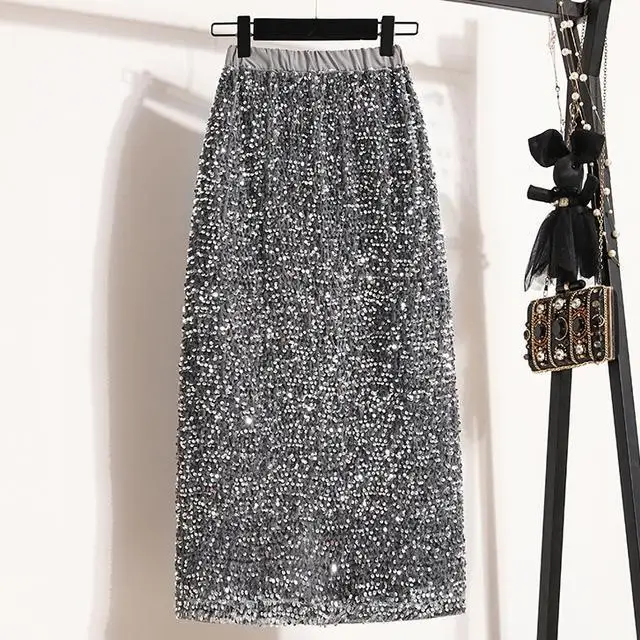 Shiny Sequin Mid-Length A-Line Skirt High Waist Women's Spring New Style Flashing Light Half Body Skirt plus Size