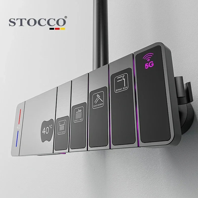 Creative copper shower set home intelligent digital display temperature LED light bathroom pressurized nozzle shower system set