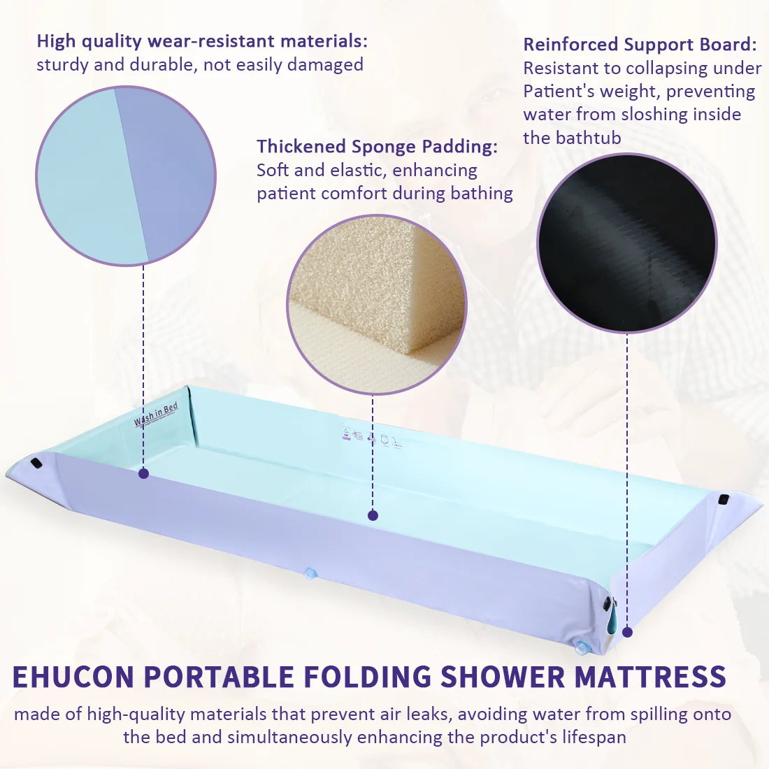 Ehucon Portable Bathtub Medical Patient Shower Mattress in Bed Foldable Washing System for Disabled Elderly Bedridden People