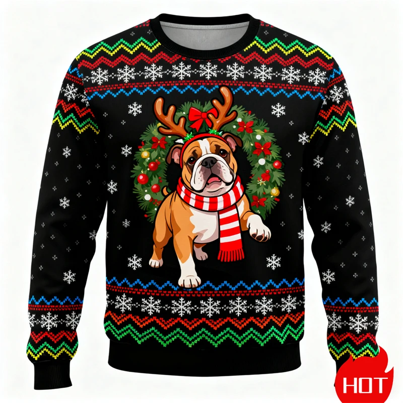 3D Print Cartoon Bulldog Graphic Ugly Christmas Sweater For Men Women Animal Dog Xmas Sweatshirts Winter Pullovers Tracksuit