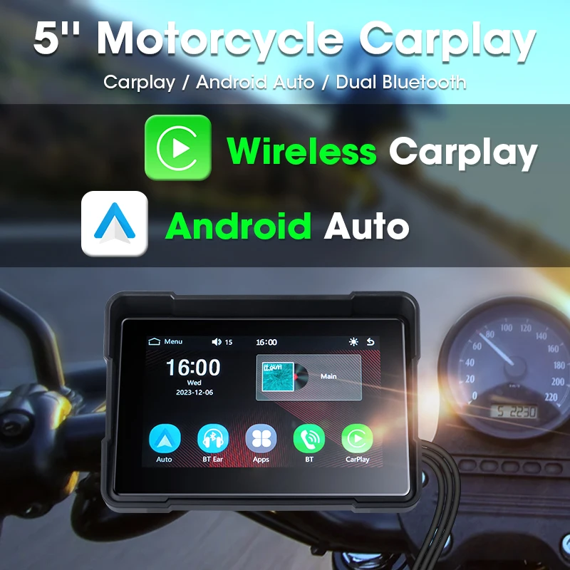 JMCQ 5 Inch Motorcycle Carplay Screen Wireless Carplay & Android Auto IP67 Waterproof GPS Navigation IPS Screen Display Dash Cam