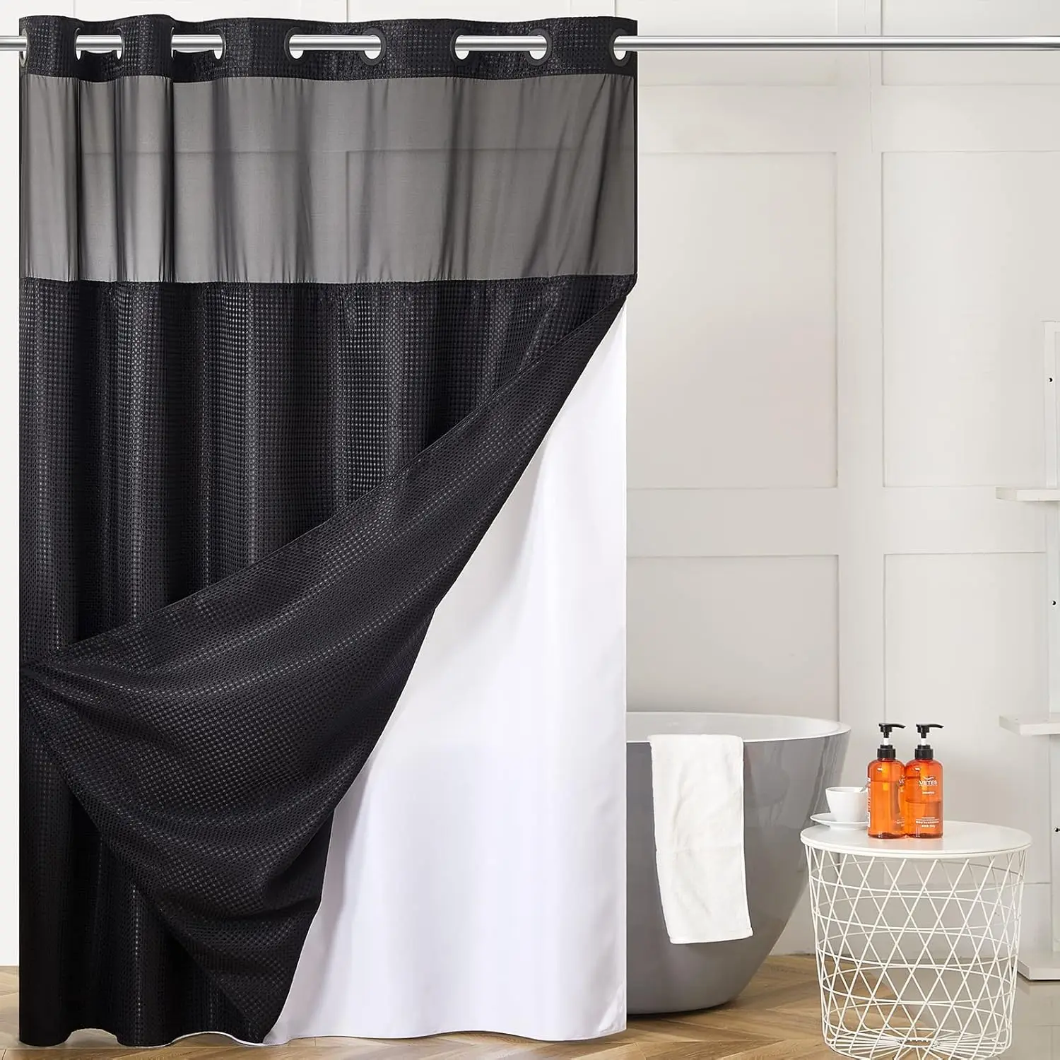 

Extra Long Waffle Weave Shower Curtain with Snap-in Liner, Heavy Duty Waterproof Bathroom Set, Black, 71x84 Inch