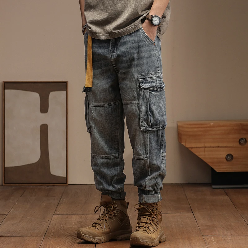 Europe and America splicing  casual retro and nostalgic multi pocket men's Harem jeans men clothing cargo men jeans for men