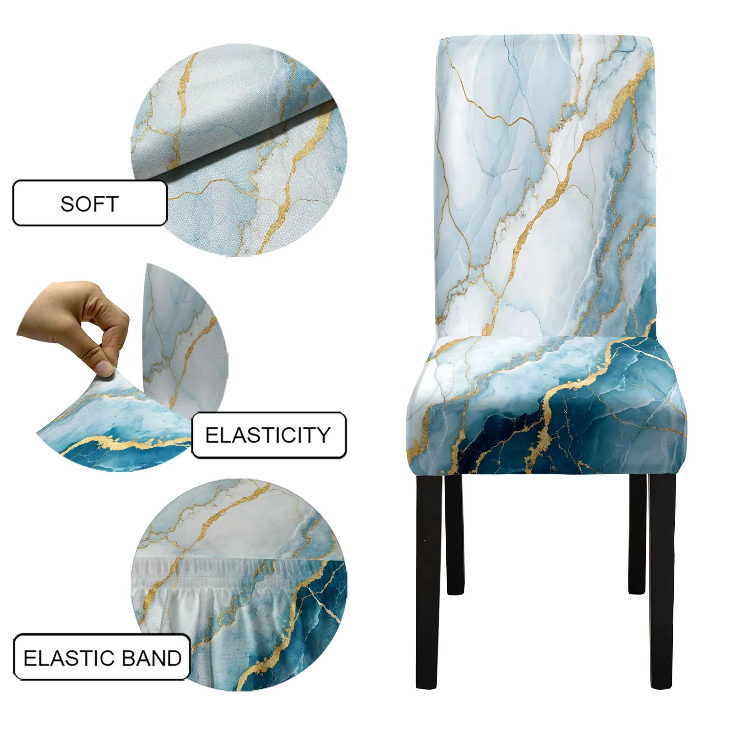 4/6pcs Luxury Blue Marble & Gold Vein Print Stretch Dining Chair Cover – Removable Washable Chair Slipcover
