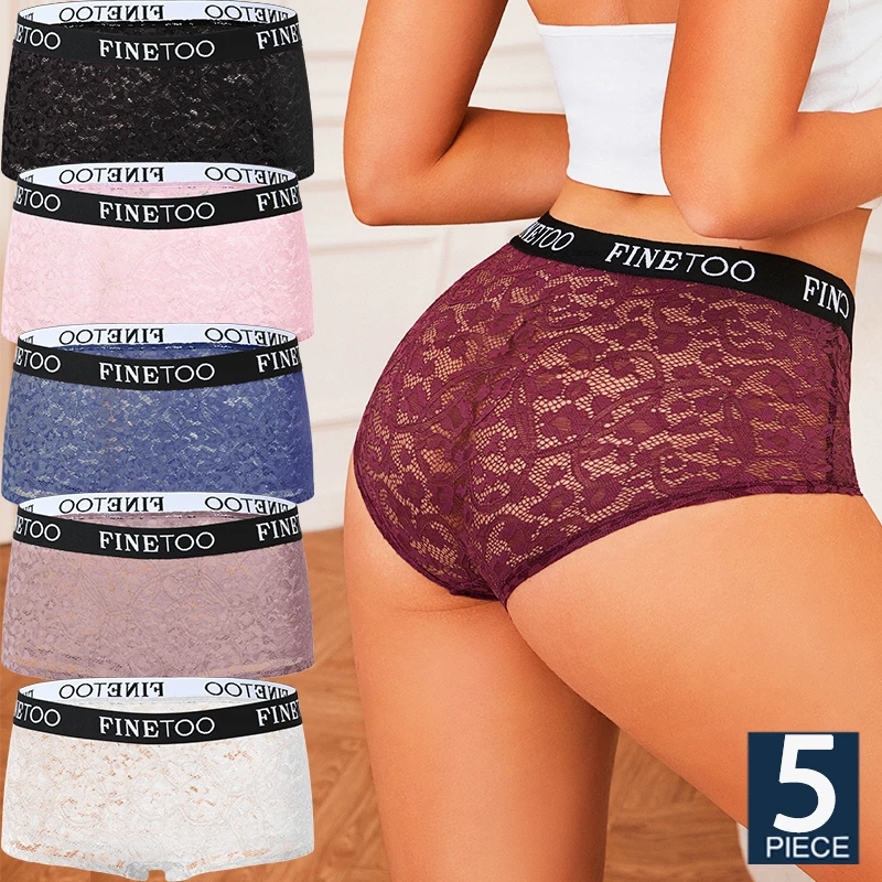 FINETOO 5 Teile/satz Spitze Boxer Briefs Für Frauen Sexy Transparente Unterwäsche Mid-Taille unterhose Bequeme Weiche Höschen S-XL größe
