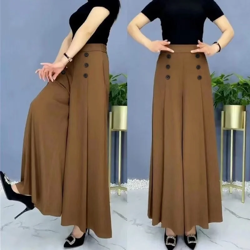Office Lady's Loose Elegant Chic Thin Wide Leg Pants Summer Fashion Trend Trousers All-Match Women's Pants With Pockets Buttons