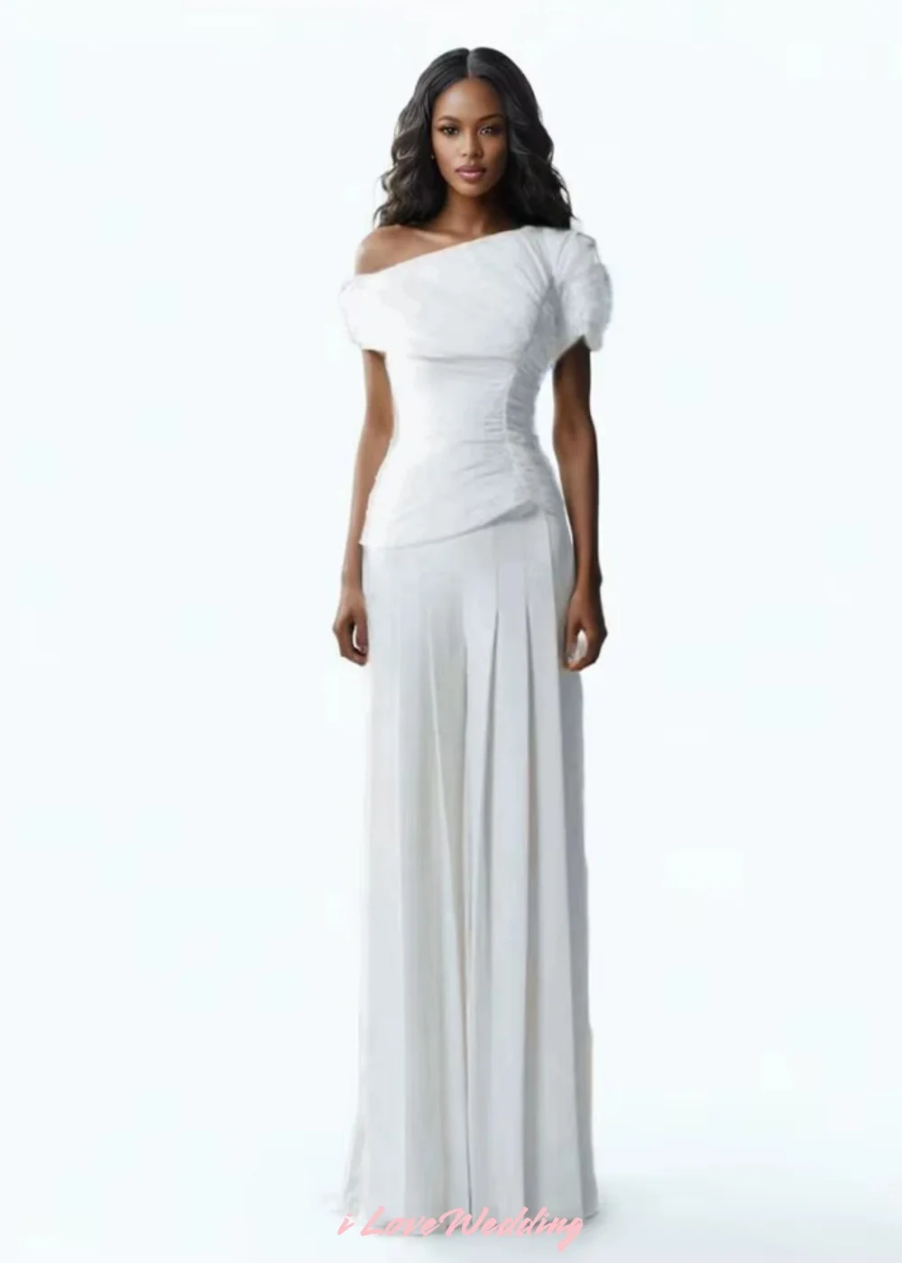 

White One Shoulder Prom Dresses 2025 Short Sleeve Top High Waist Loose Pleated Two Piece Sets Wedding Party Dress Customized