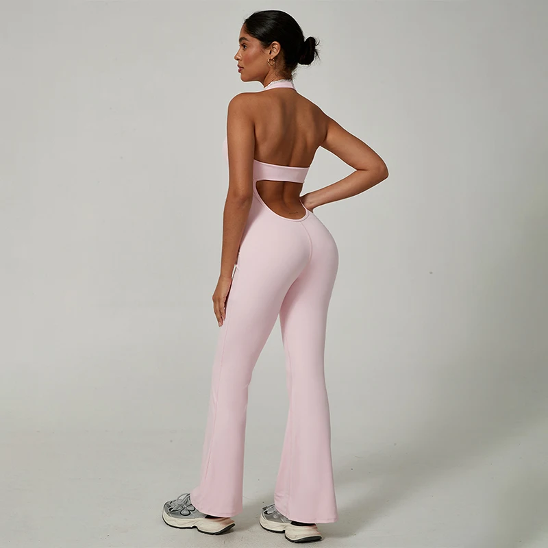 New Halter V-Neck Pilates Yoga Jumpsuit Woman One Pcs Lace Patchwork Sexy Waist Cinched Sportwear Elegant Solid Workout Bodysuit