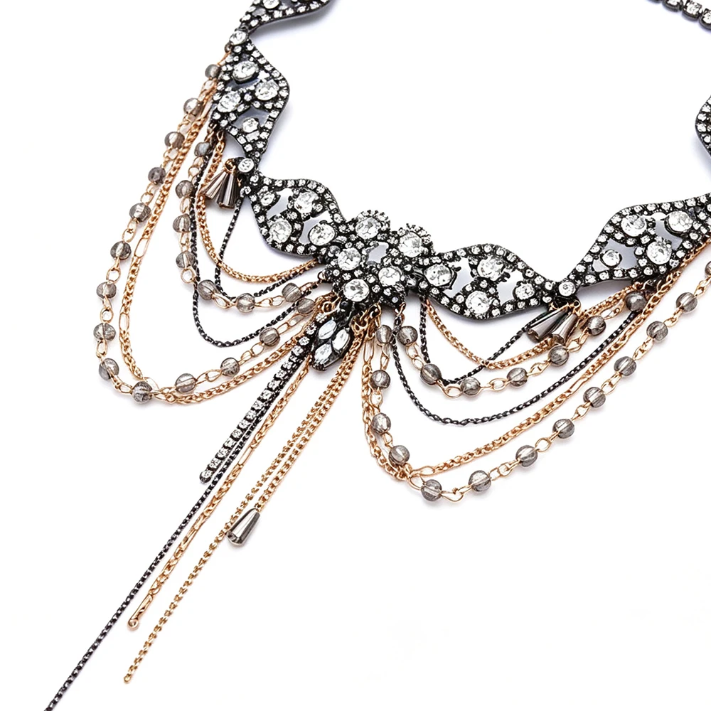 Damen Strass-Quasten-Choker-Halskette, Vintage Mehrschichtige Kette, Perlenkragen, Statement-Halskette für Hochzeitsfeier-Schmuck – Detail 6