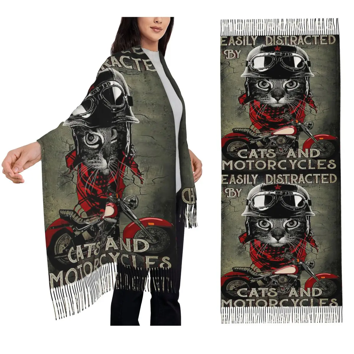 

Легко отвлекается с котами и мотоциклами - Байкерский шарф с котами, шарфы с кисточками, женские шали и накидки, длинная осенне-зимняя шаль