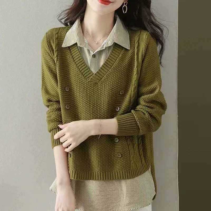 

Women's Spring Fake Two-Piece Shirts New Design Sense Fashion Loose Joker Jacket Doll Collar Shirt Pullover Soft Casual Sweater