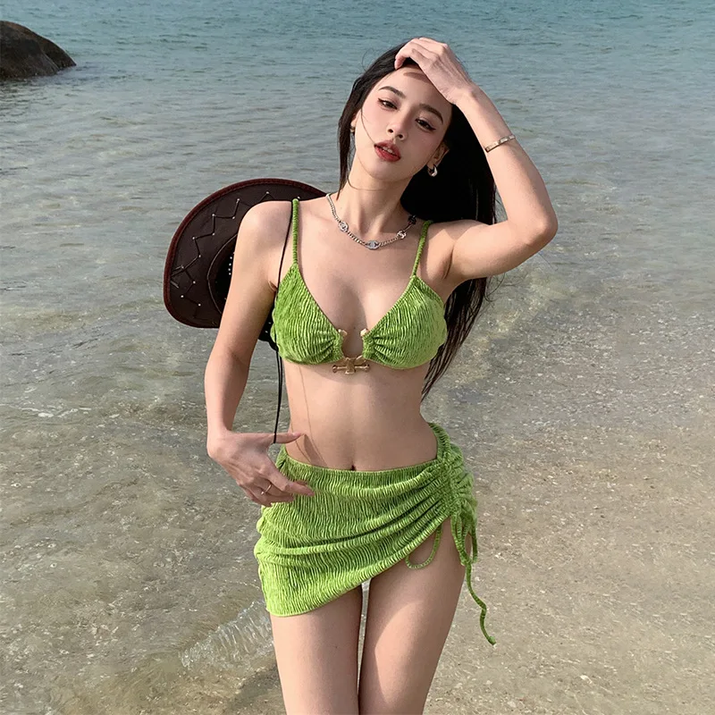 

Female Three-Piece Bikini Green Velvet Swimsuit For Women INS Beach Wear Hot Girl Vacation Bikinis Japanese Hot Spring Swimsuits