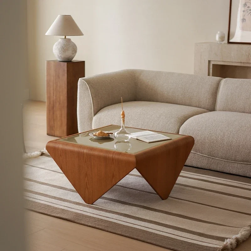 โต๊ะกาแฟสไตล์มิวเซียม สำหรับห้องนั่งเล่น ใช้ในบ้าน อพาร์ทเมนต์ขนาดเล็ก โต๊ะเล็ก ขอบเรียบง่าย สไตล์มินิมอล ทำจากกระจก วางข้างโซฟา