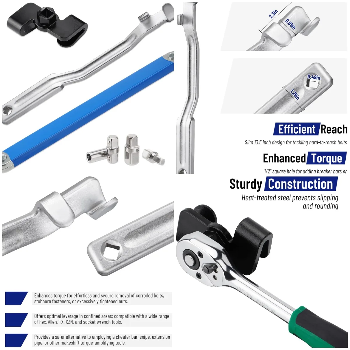 

Wrench Extender Tool with 1/2' Hole, Offset Extension Set Includes 1/2', 1/4', 3/8' Square Drive Adapters