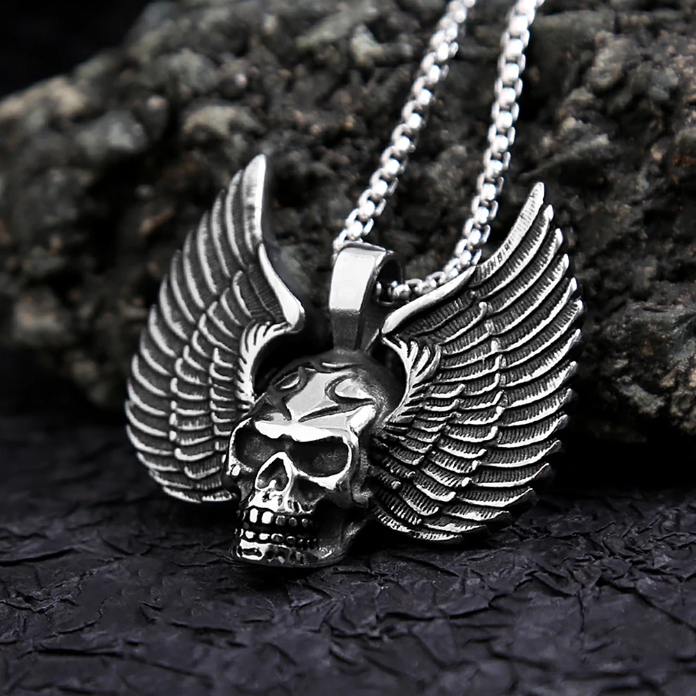 Unique Fallen Angel Wings Skull Necklaces For Men Stainless Steel Domineering Fashion Skull Pendant Punk Party Jewelry Wholesale