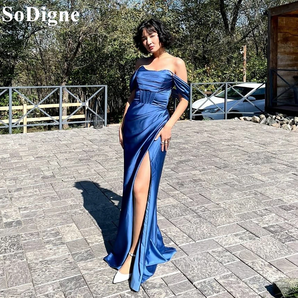 

SoDigne Elegant Blue Satin Evening Dresses Off Shoulder Draped Side Slit Mermaid Party Dress Sweep Train Pleated 2024 Prom Gowns