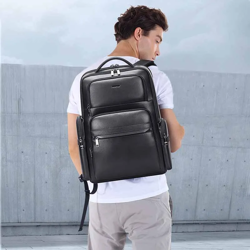 BOPAI Mochila de cuero de lujo Hombres Mochila de cuero genuino Moda de negocios Bolso de cuero de vaca Mochila de cuero casual para computadora