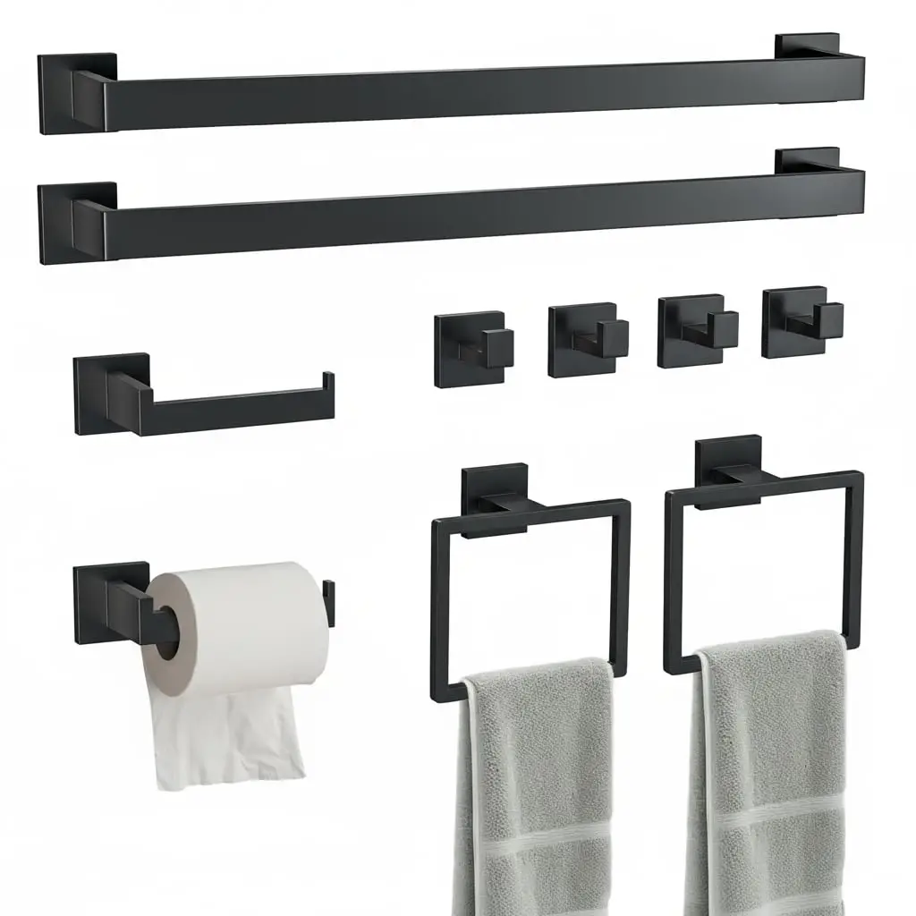 

10-Piece Matte Black SUS304 Stainless Steel Bathroom Collection: 23.6 Inch Towel Bar, Toilet Paper Holder, Square Rings & Hooks
