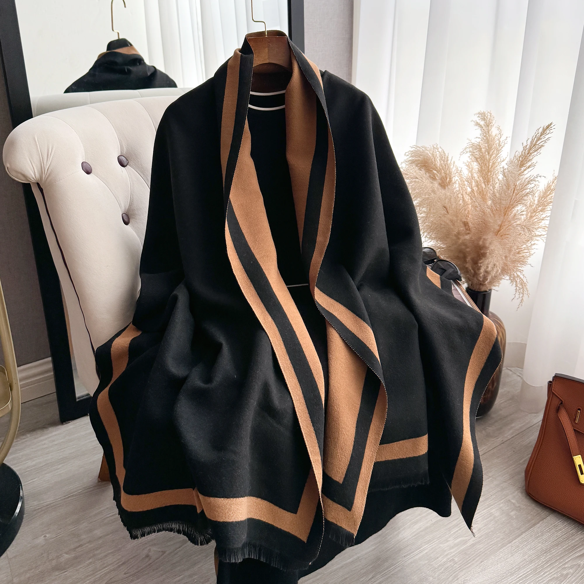 Two Tone Border Striped Cashmere Feel Scarf, Fringe Edge Large Warm Shawl Wrap For Women Winter Daily Office Gift