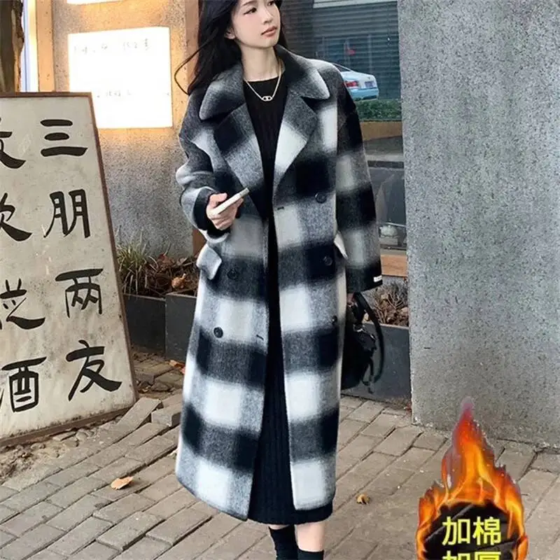 

New Women Long Coat Black White Checkered Woolen Overcoat Loose Plus Size Warm Autumn Winter Windbreaker Outerwear